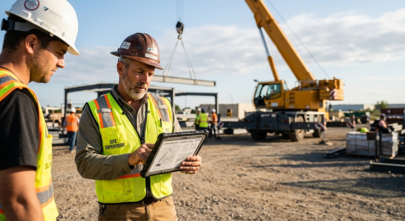 Construction supervisor reviewing crane load chart on site