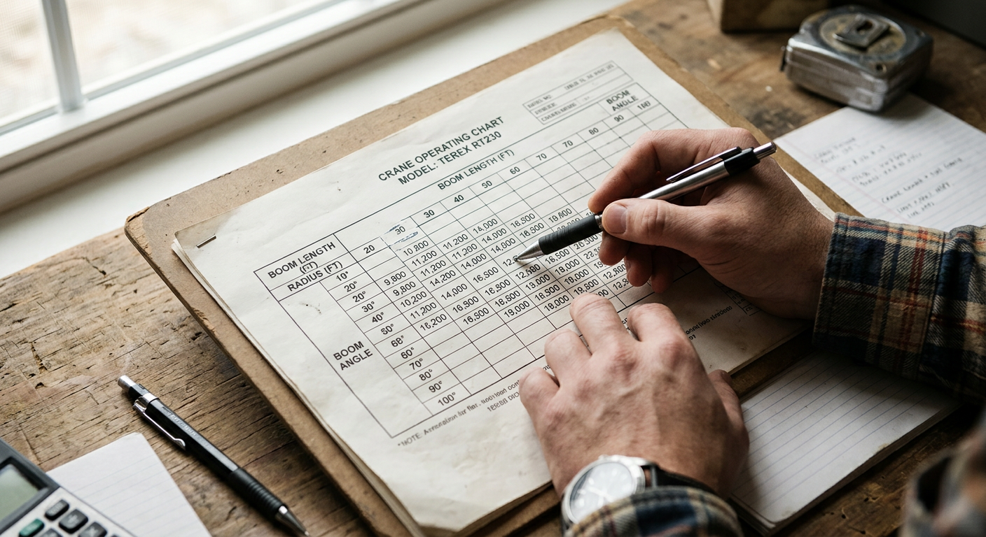 Detailed crane load chart with capacity figures and radius columns