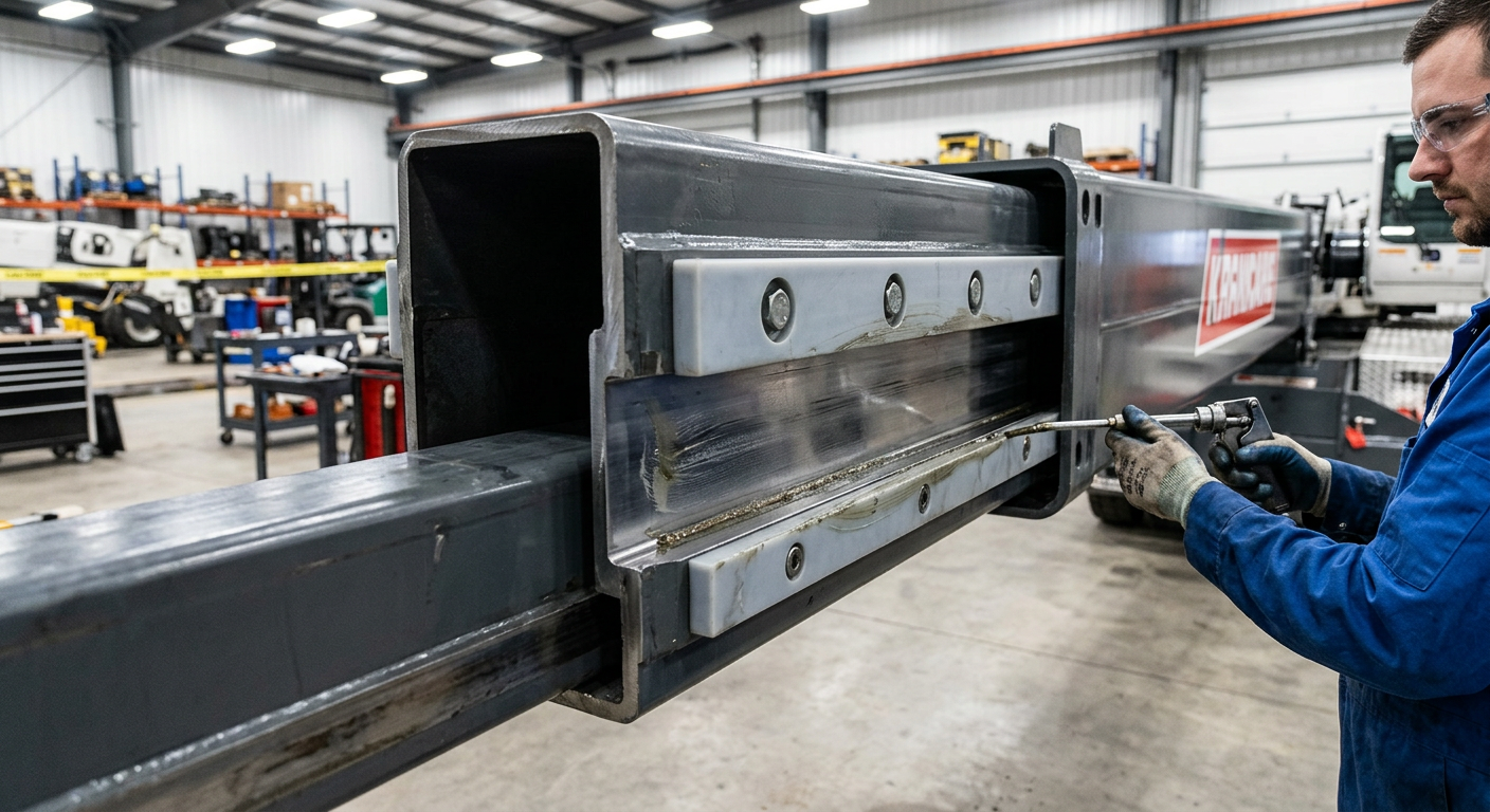 Crane boom maintenance showing polymer sliding pads between telescopic sections