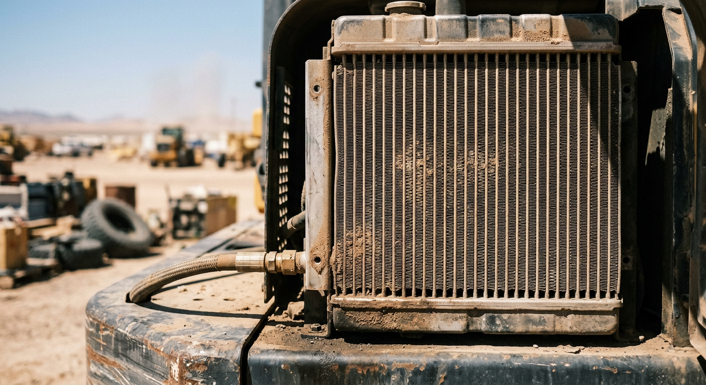 Dust-coated hydraulic oil cooler on heavy construction equipment