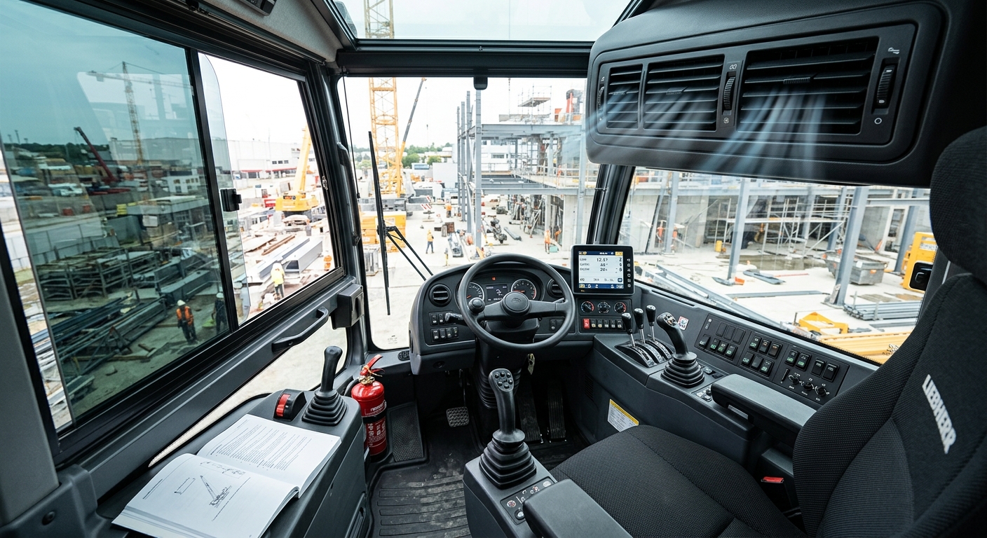 Mobile crane operator cabin interior with control panel and AC vents
