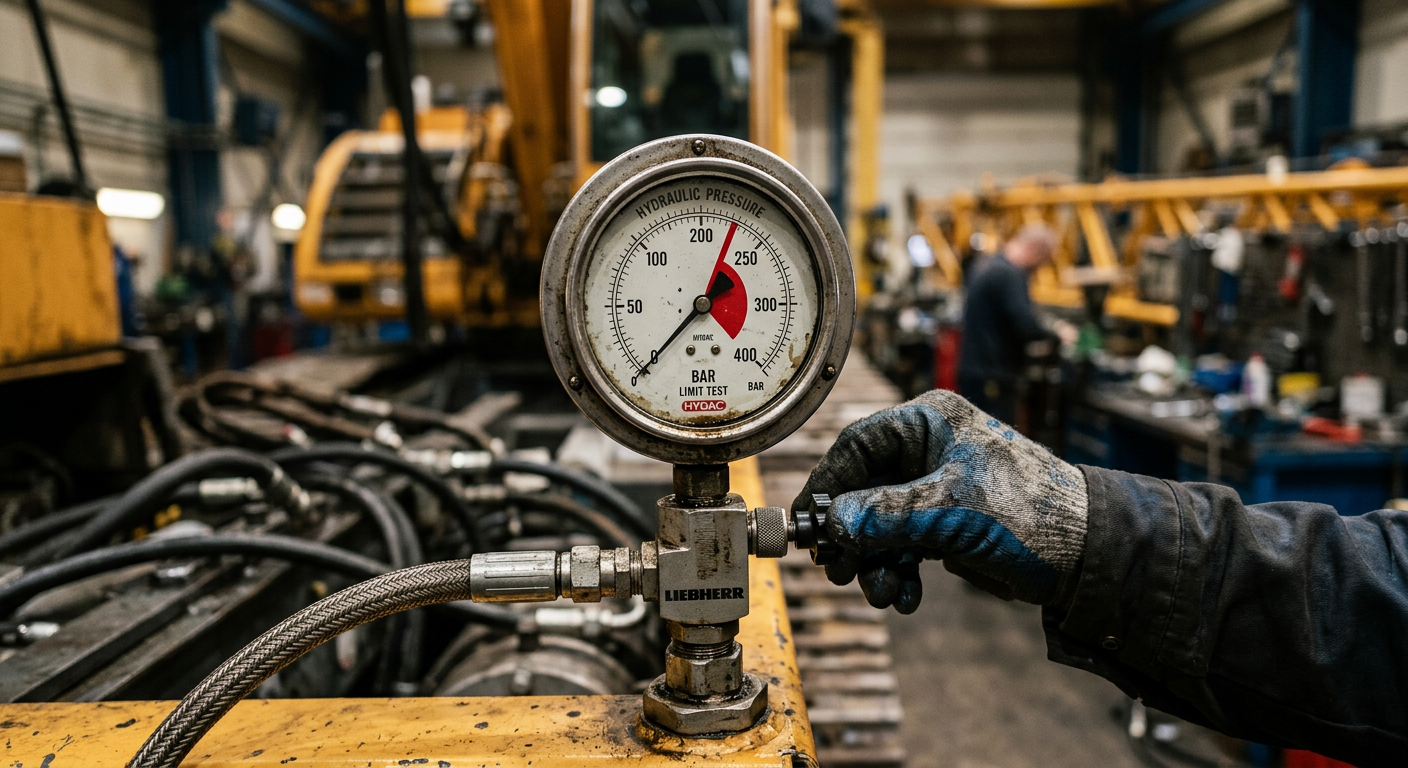 Technician checking hydraulic pressure gauge during crane load test
