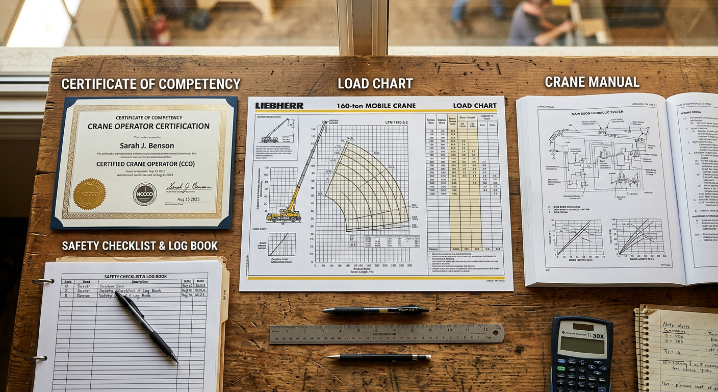 Crane load chart and certification documents laid out for review