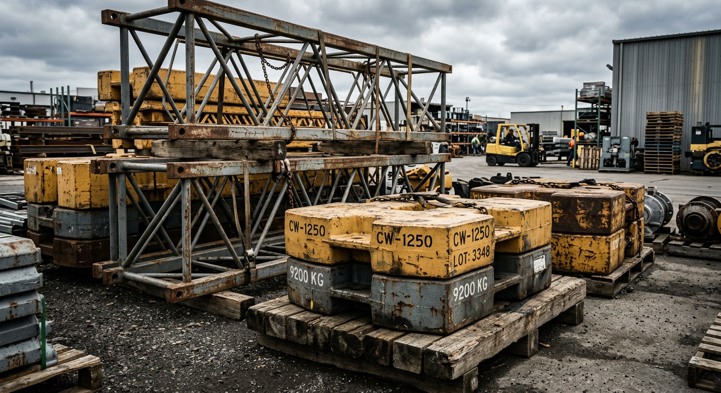 Crane boom sections and counterweights crated for international shipment