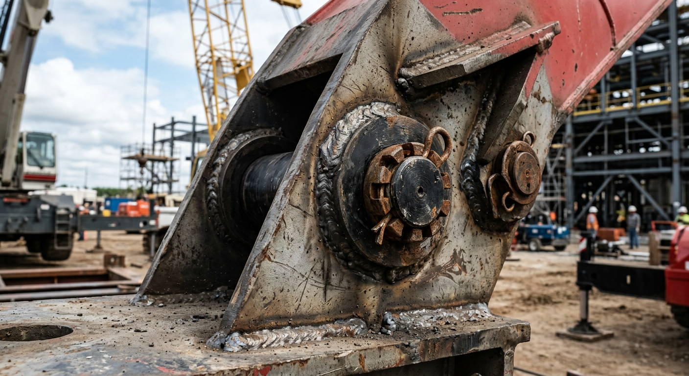 Close-up of crane boom structural welds and pins used to assess fatigue design