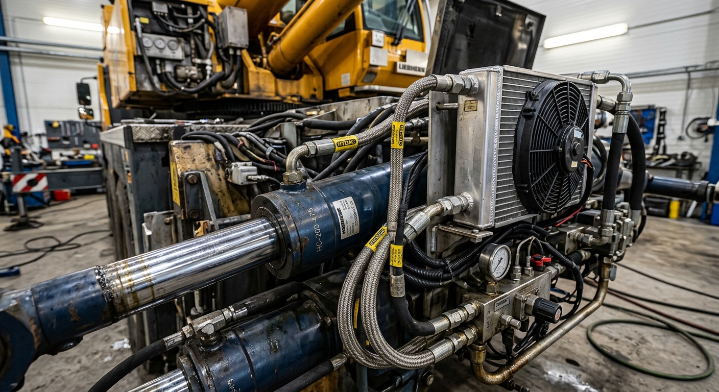 Hydraulic cylinders and cooling components on a mobile crane relevant to duty cycle hydraulic specification