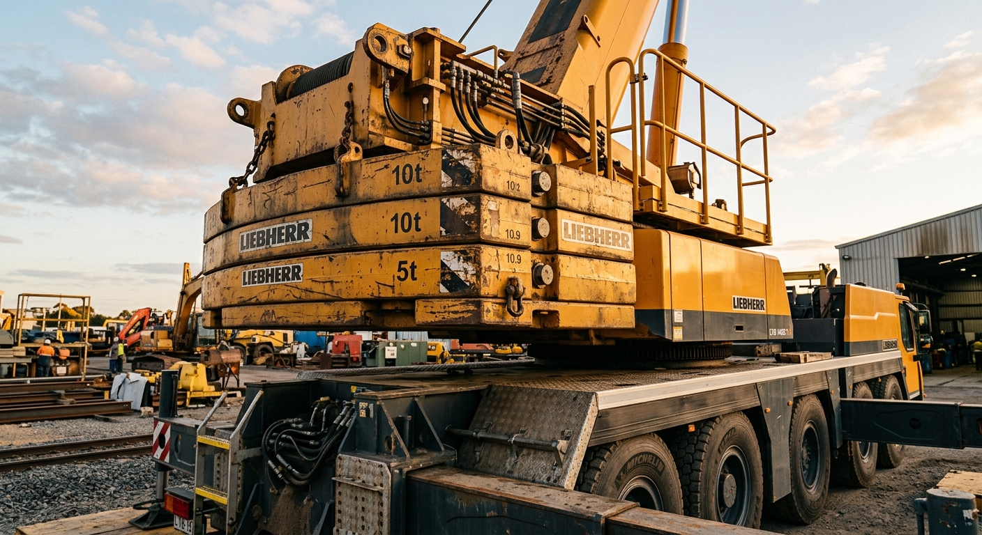 Close-up of stacked crane counterweight blocks mounted at rear of mobile crane