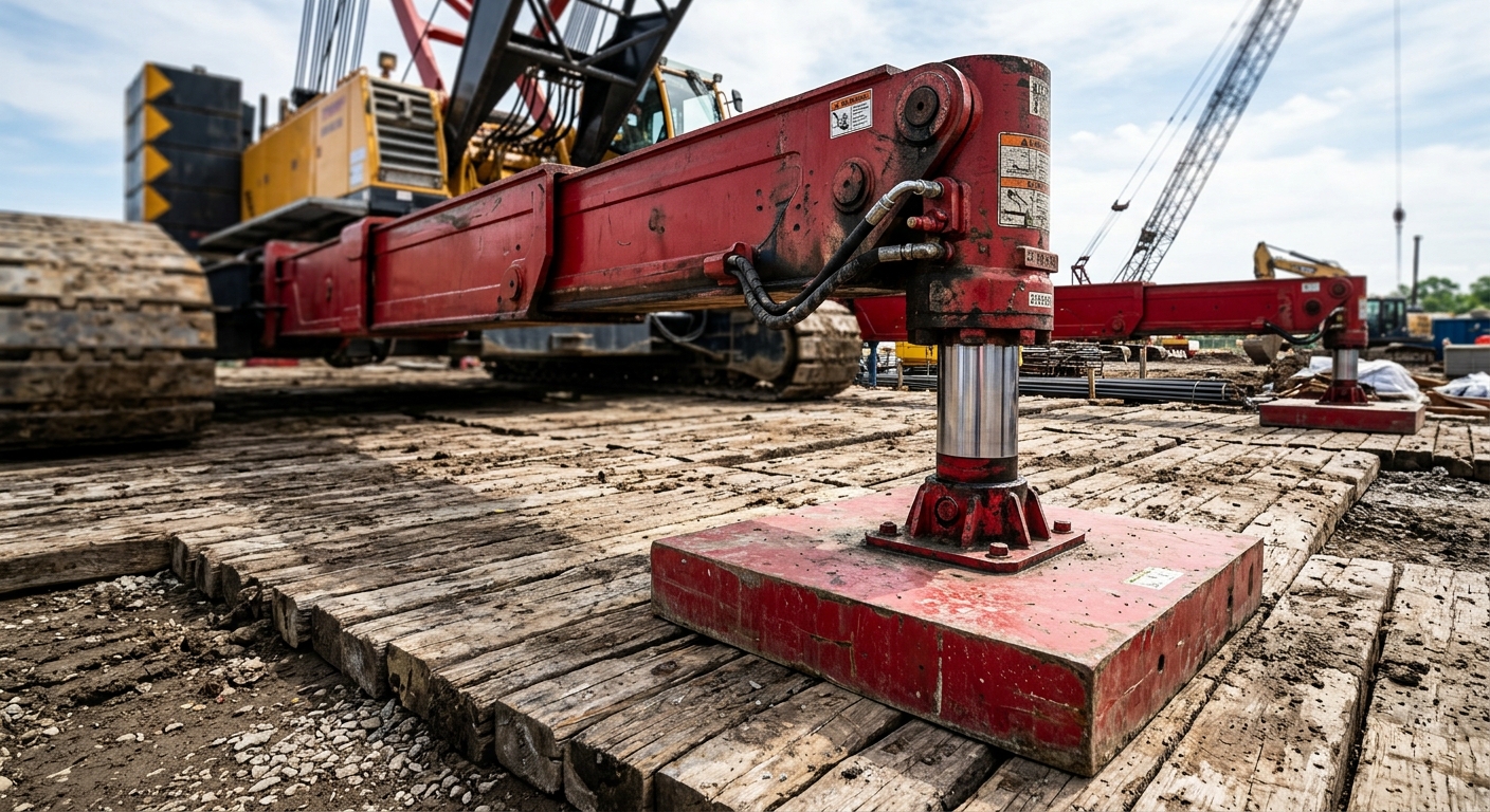 Crane outrigger pads fully extended on stabilizer mats at construction site