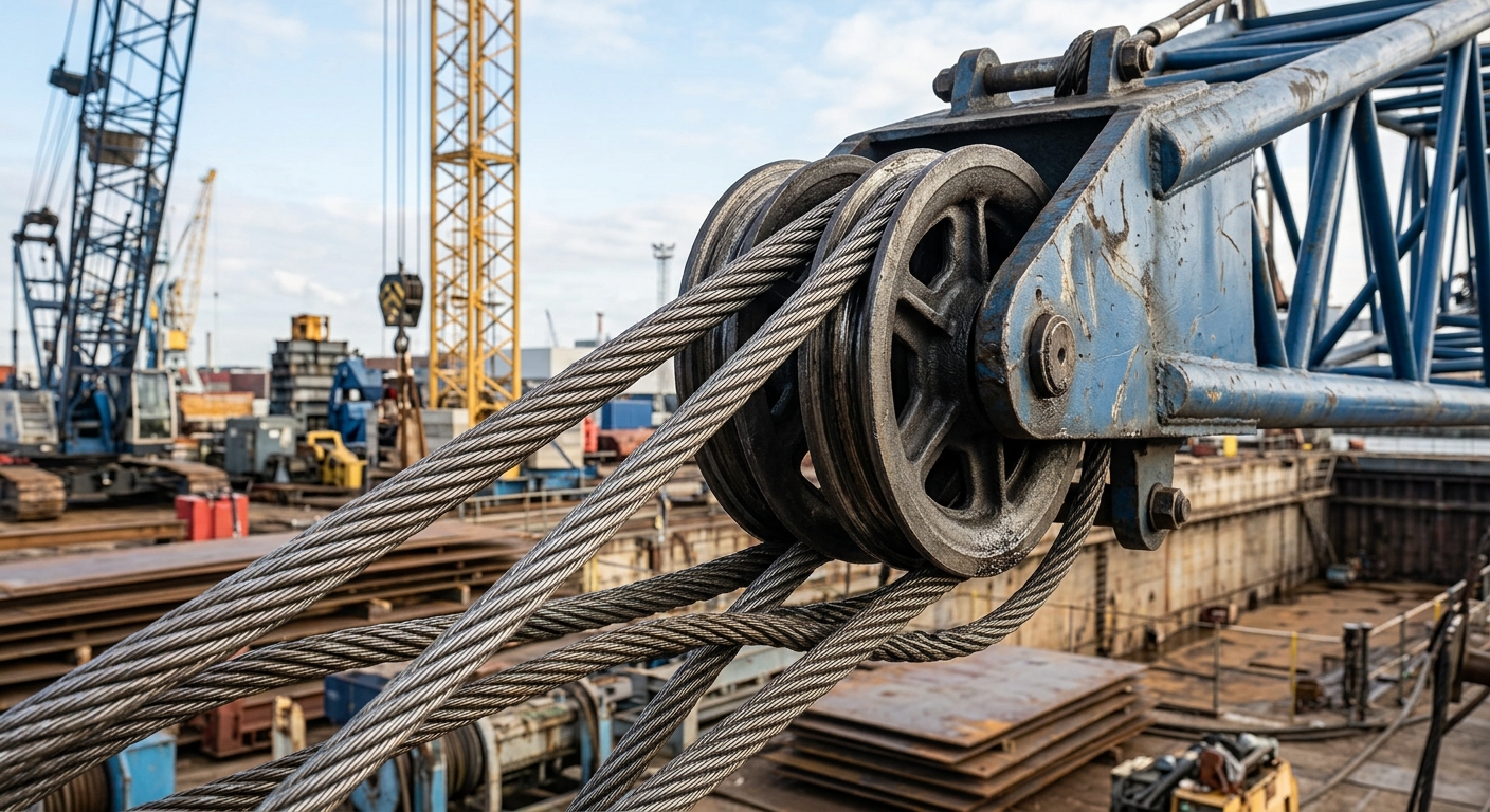 Wire rope threaded through crane boom tip sheaves showing parts of line