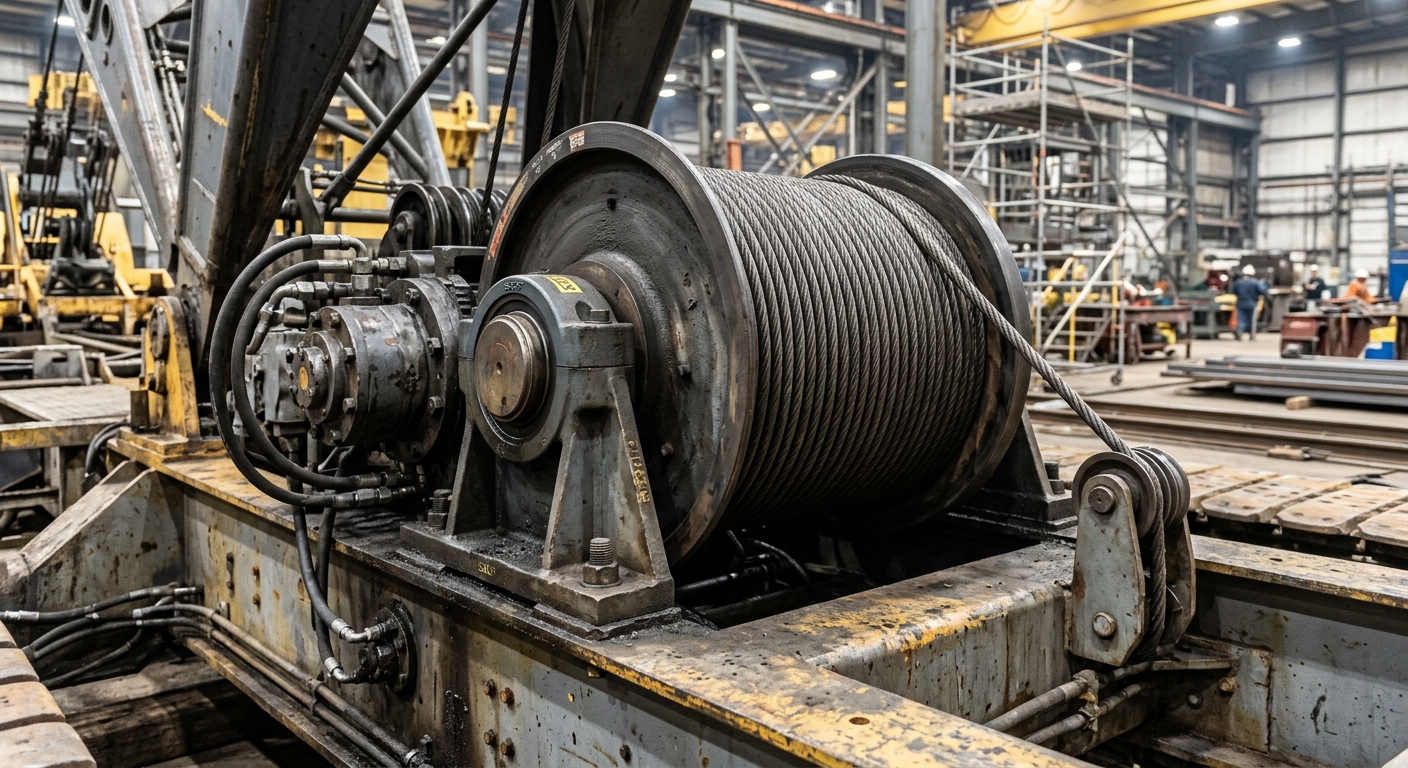 Crane winch drum with wire rope wound for lifting operations