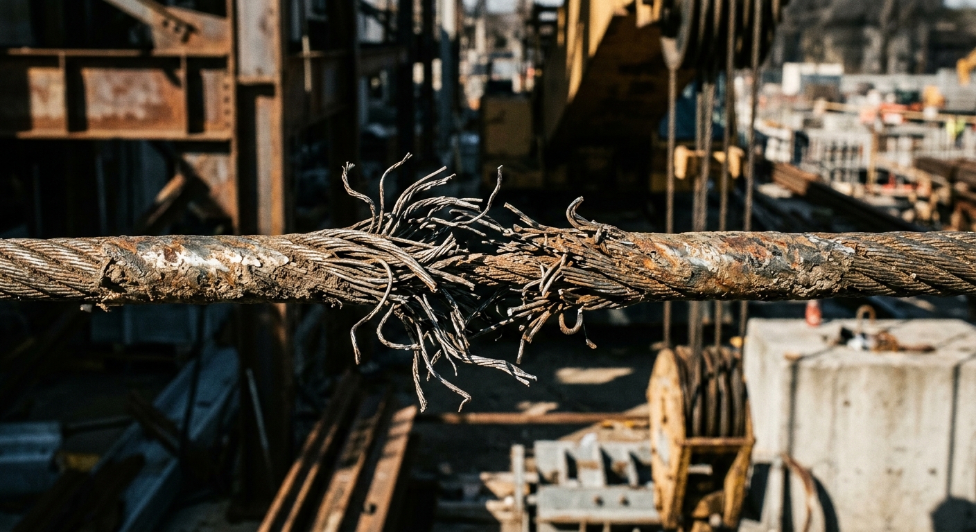 Worn crane wire rope showing frayed strands requiring inspection