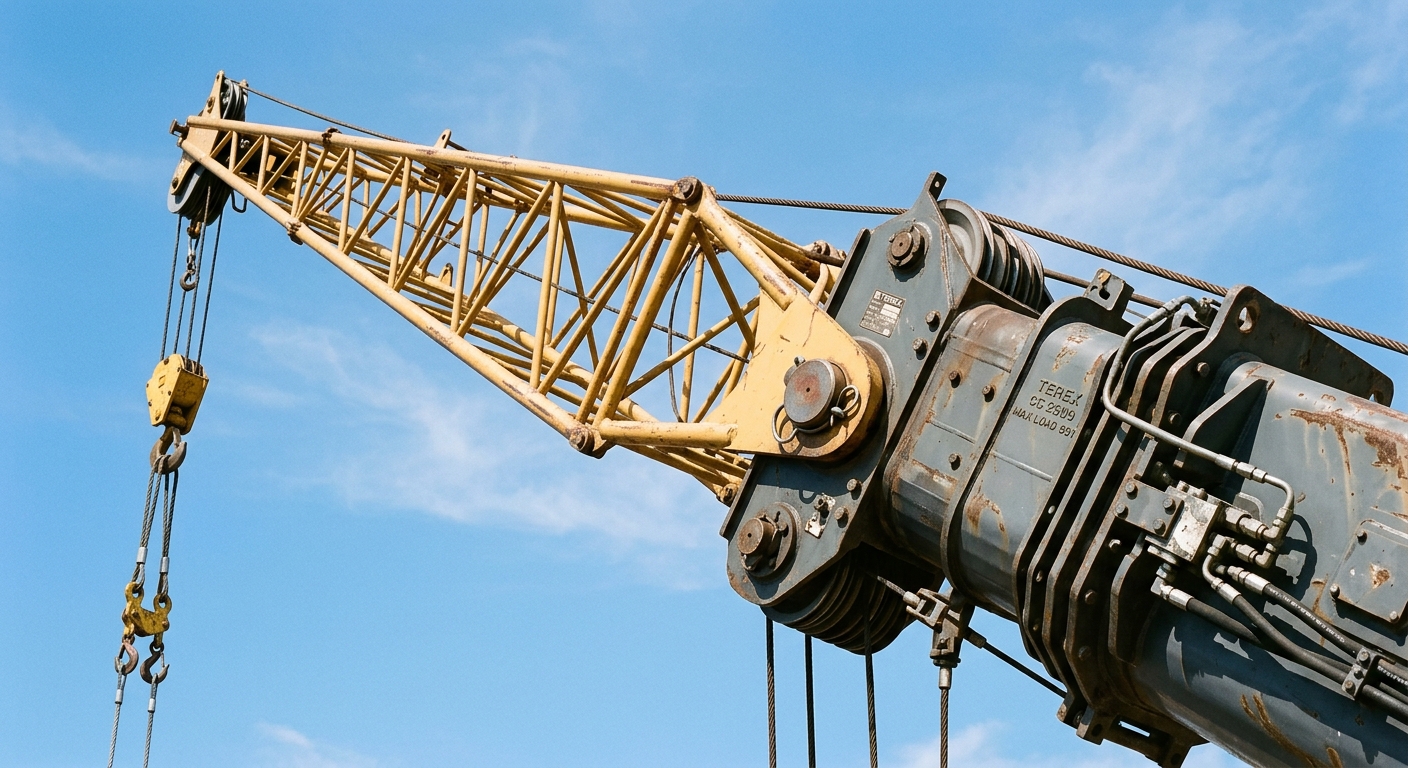 Close-up of crane boom tip with pinned jib attachment