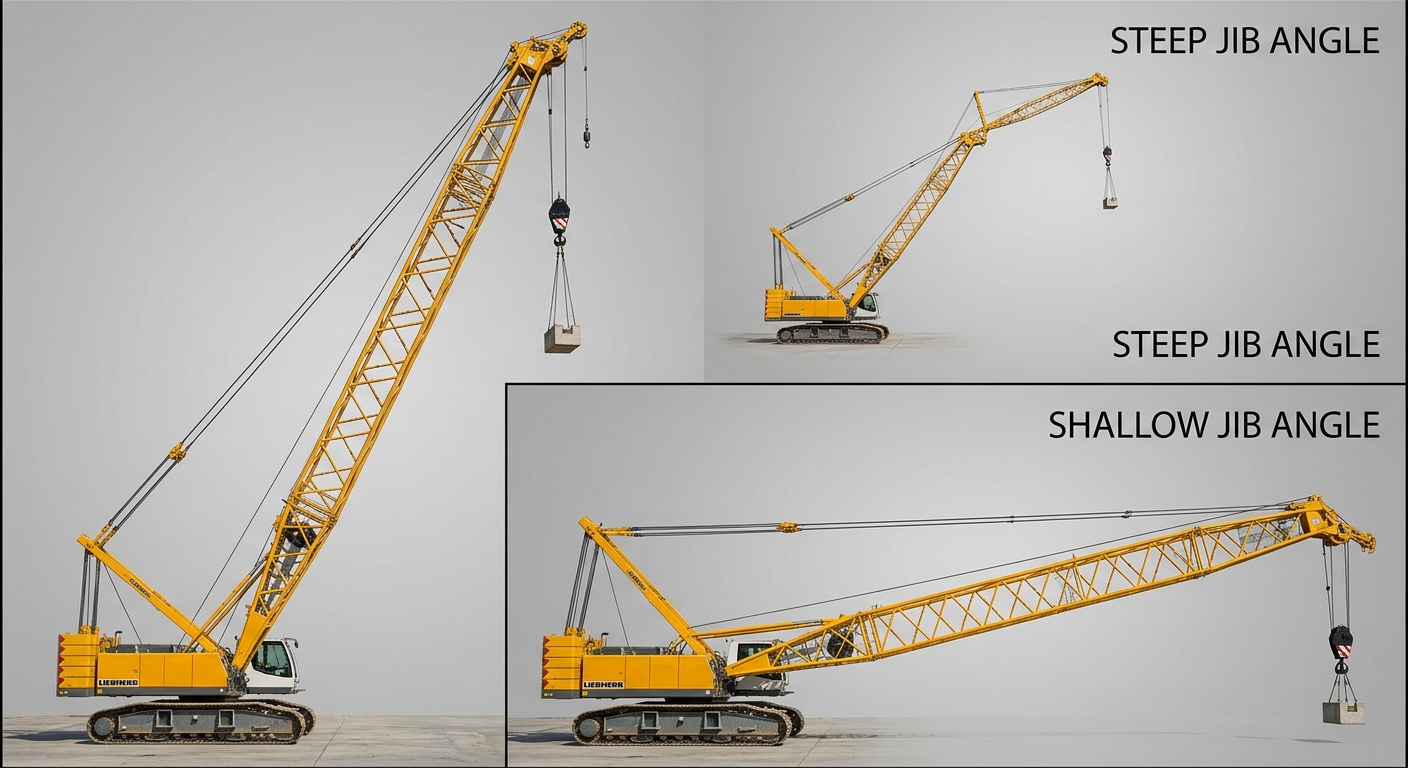 Comparison of crane boom jib angles at steep and shallow positions