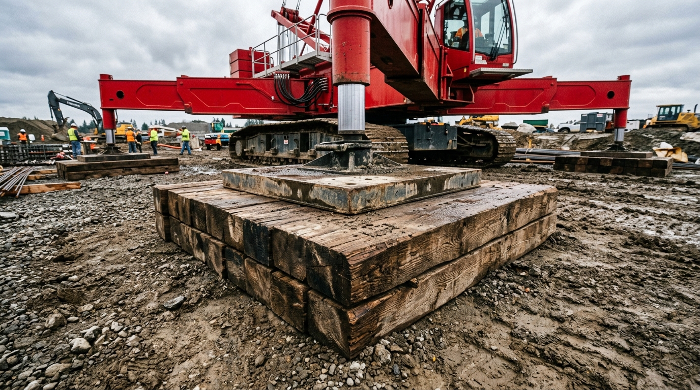 Timber cribbing mats placed under crane outrigger pads for ground support