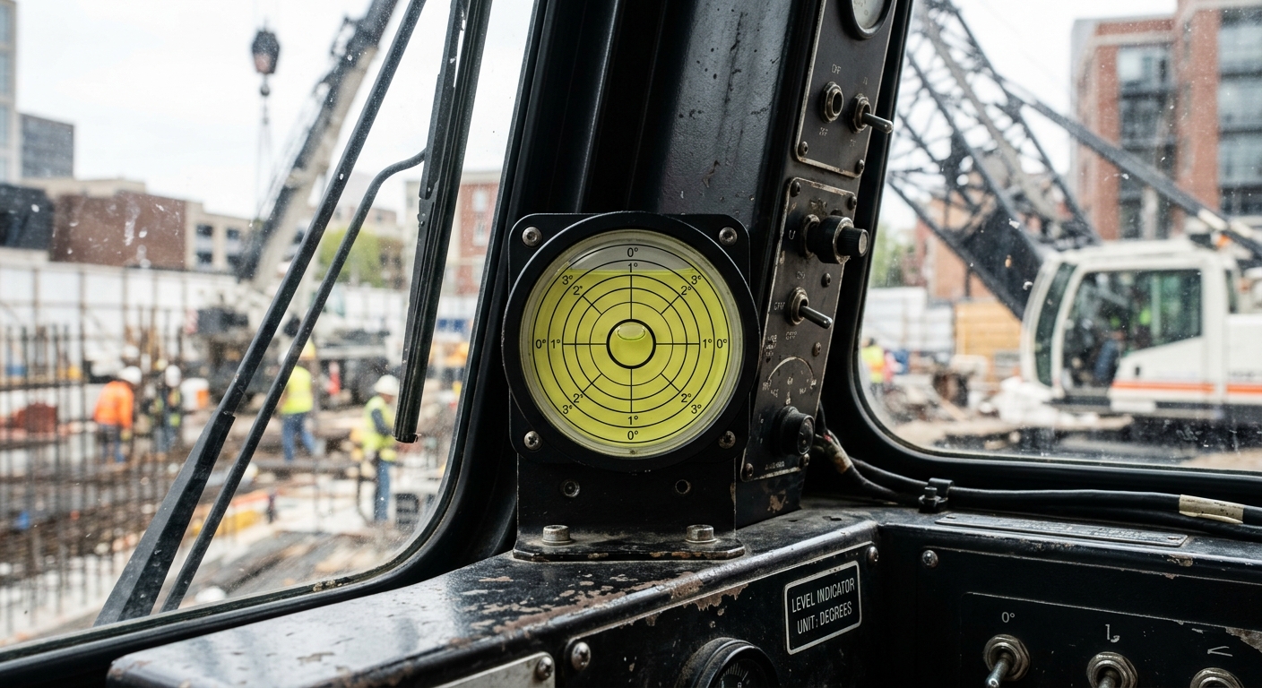 Bubble level indicator in a crane cab used to verify leveling during outrigger setup