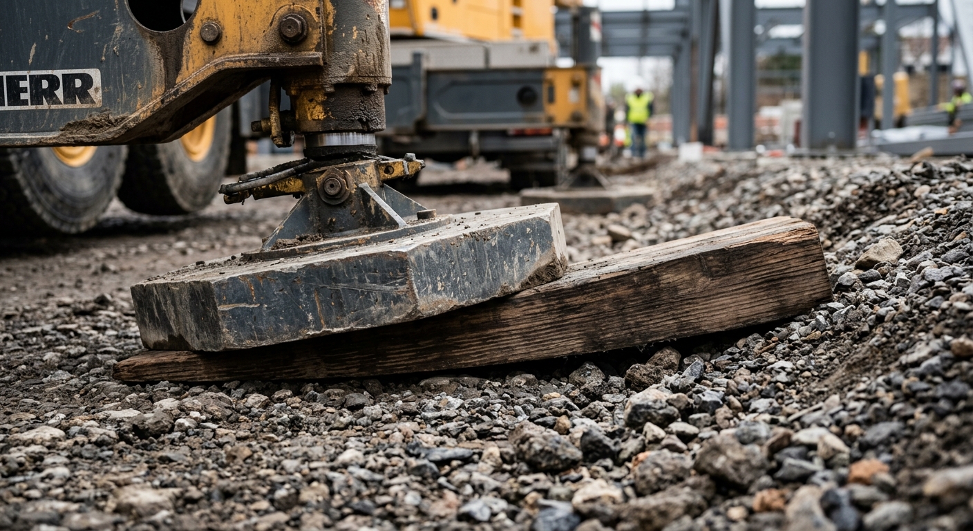 Crane outrigger pad shimmed with a wedge block on uneven gravel ground