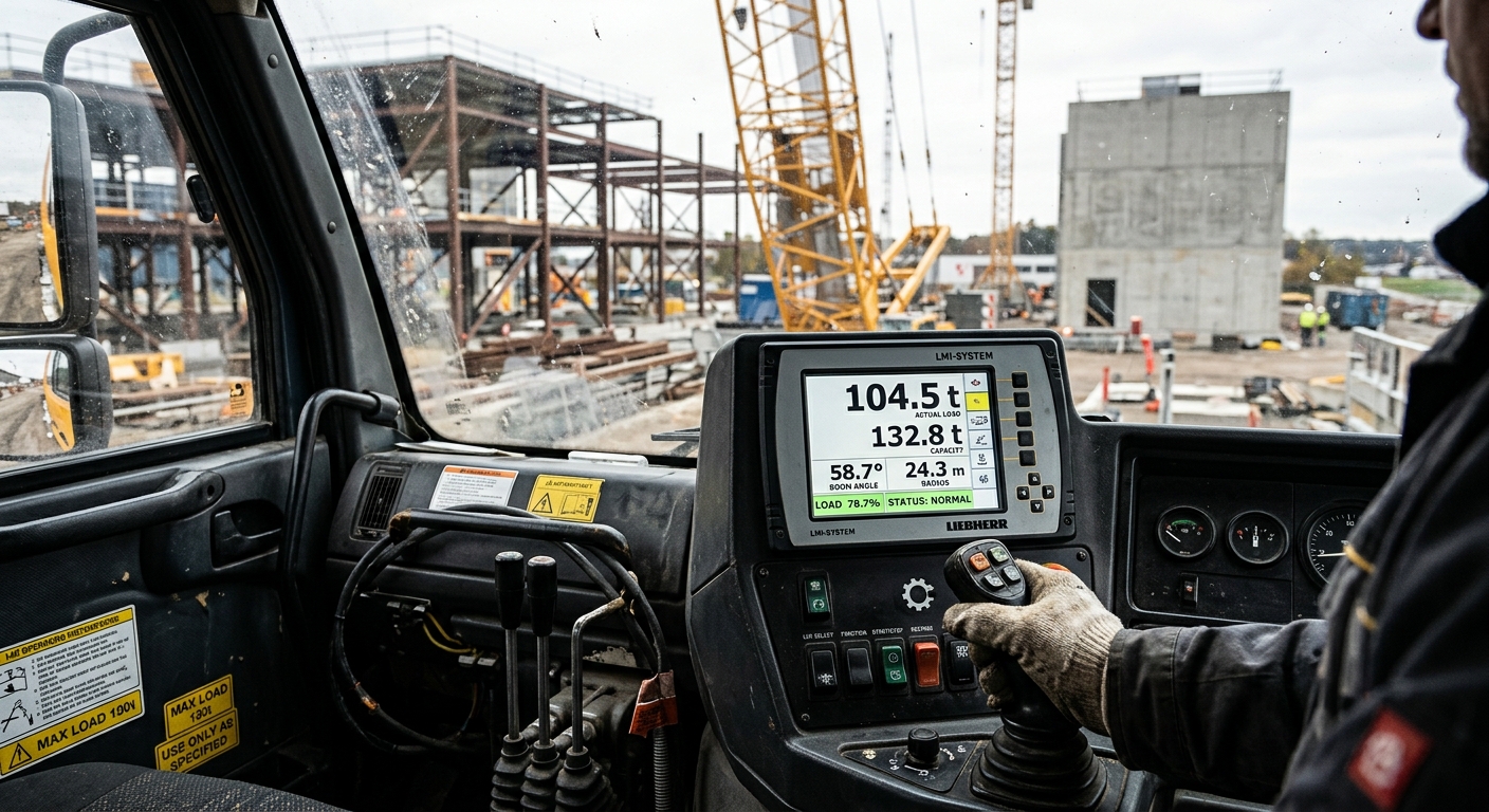 Crane cab display showing load moment indicator readings for boom angle and capacity