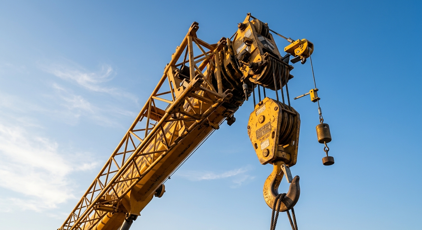 Anti-two-block sensor mounted near a mobile crane boom tip and hook block