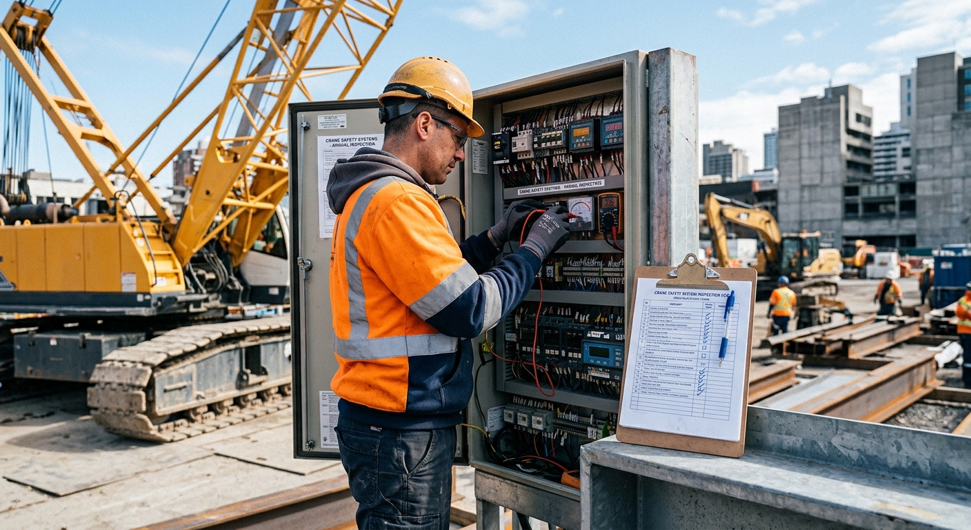 Technician inspecting crane safety control panel with checklist during commissioning
