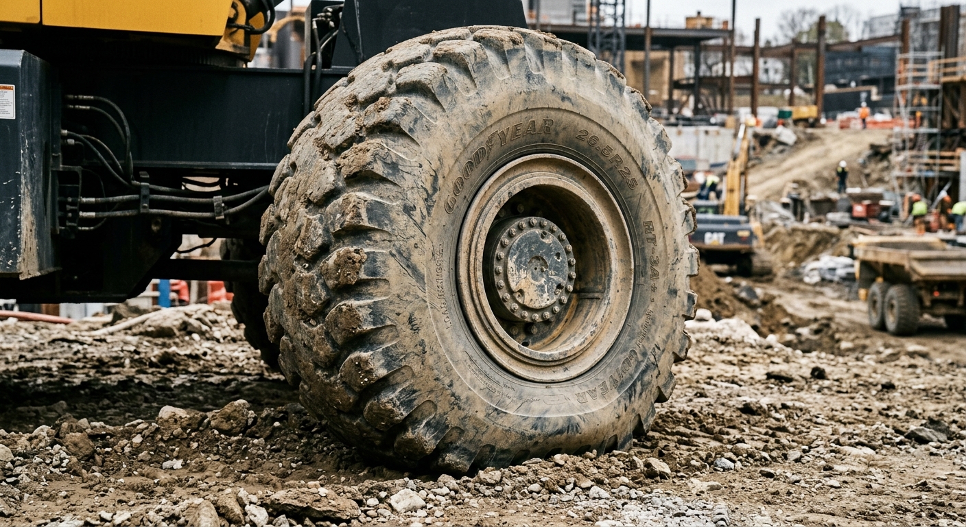 Close-up of rough terrain crane tire bearing load during a lift