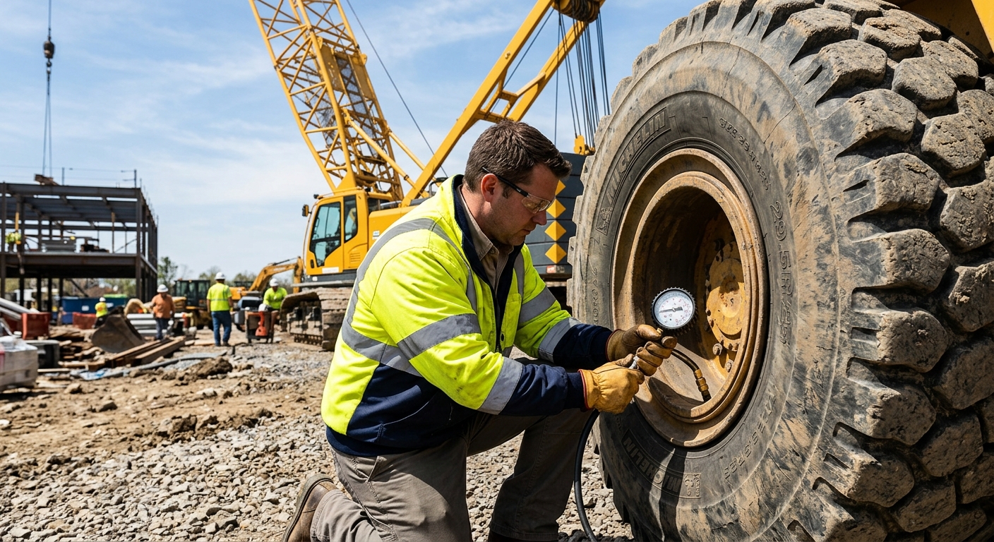 Technician measuring crane tire pressure with gauge on jobsite