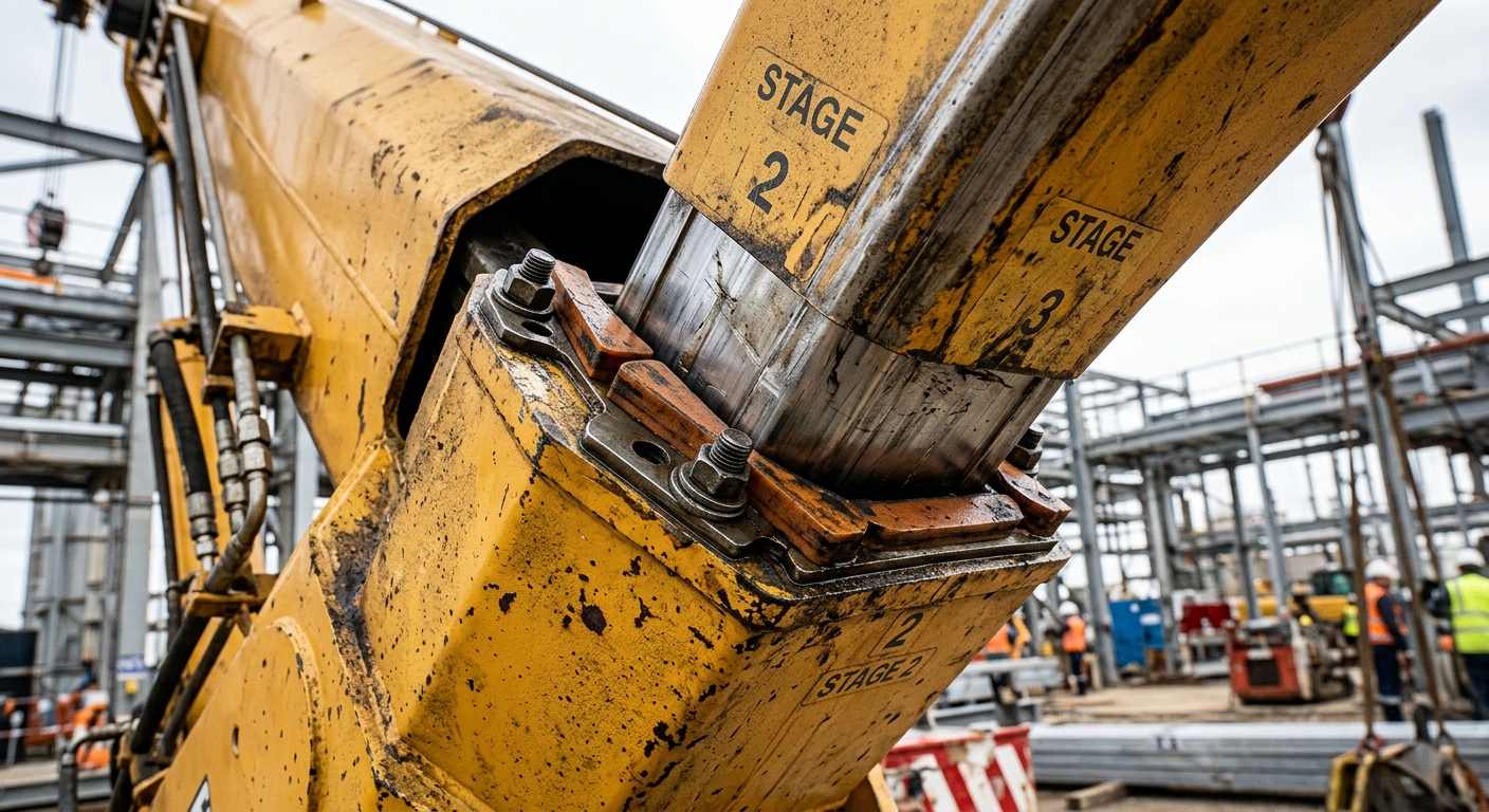 Close-up of crane boom wear pads between telescoping sections