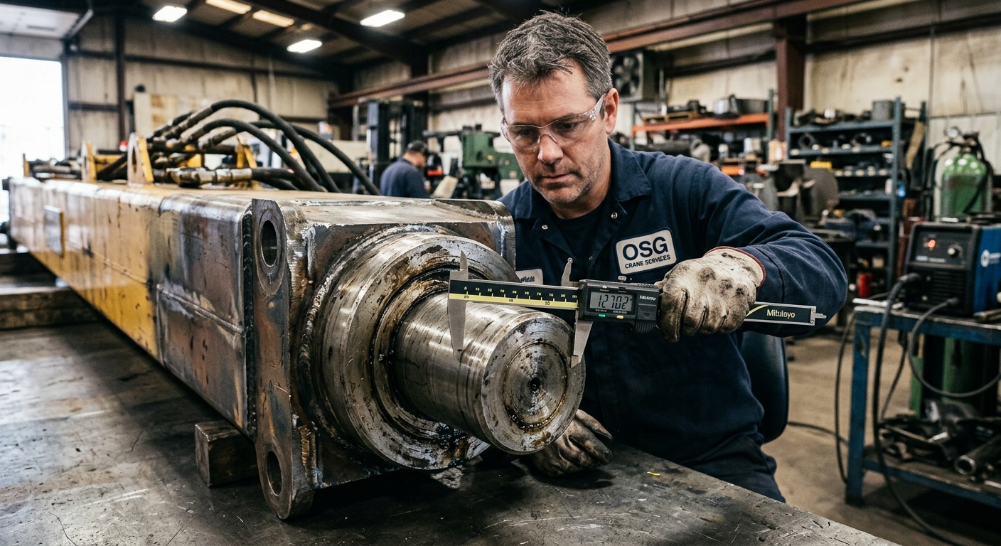 Technician measuring wear on a crane boom pin and bushing