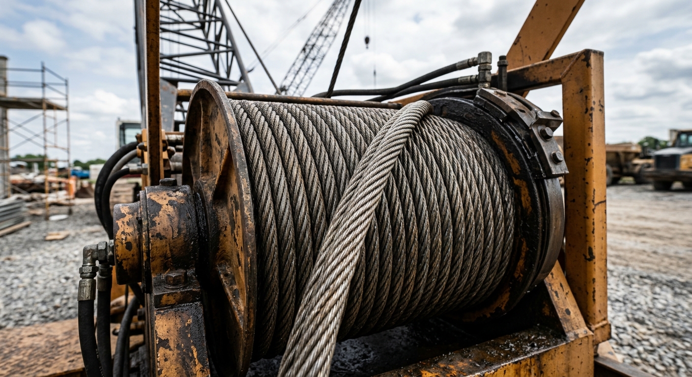 Steel wire rope on a crane winch drum showing strand detail